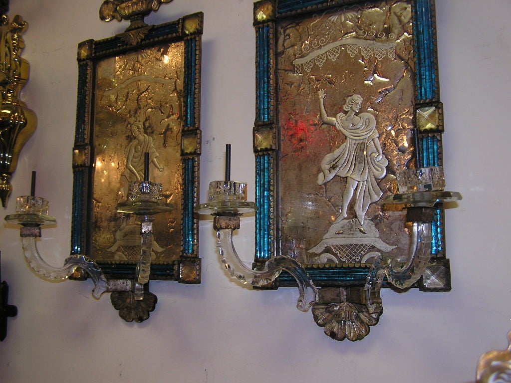 Early 18th Century Pair of Venetian Cobalt Blue & Figural Etched Wall Sconces. Circa 1700