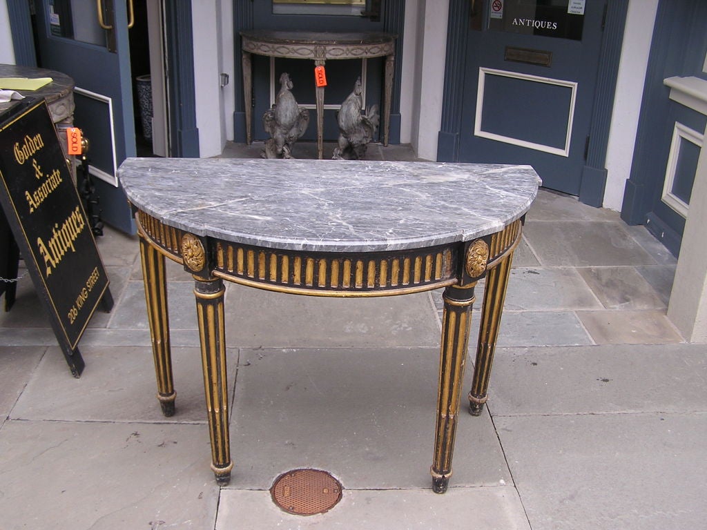 Hand-Carved Italian Painted & Gilt Demi-Lune Marbe Top Console. Circa 1770 For Sale