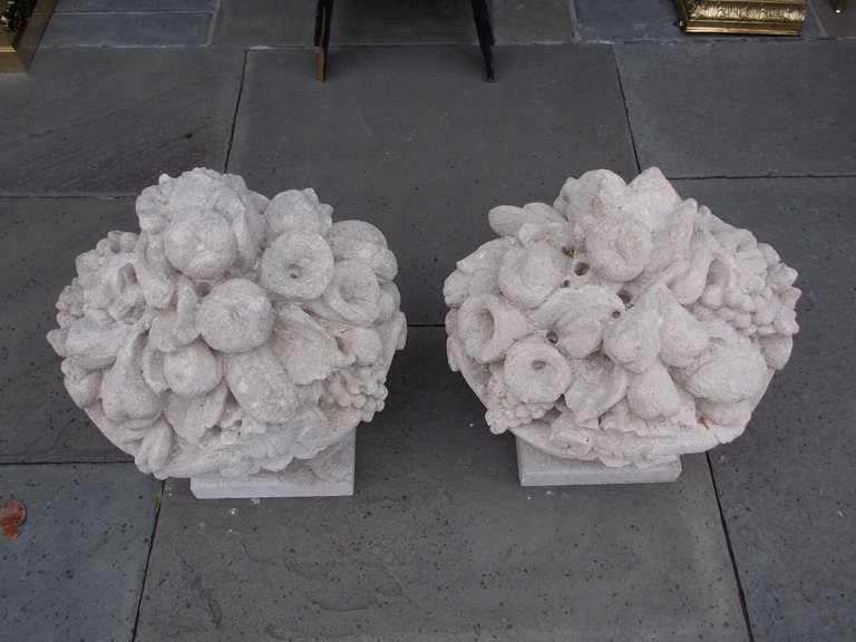 Pair of Italian Hand Carved Sandstone Fruit Baskets on Plinths. Circa 1830 2