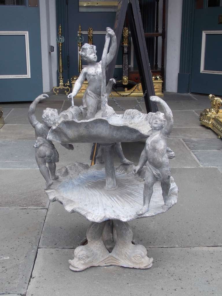 French Two Tiered Cherub and Dolphin Lead Fountain