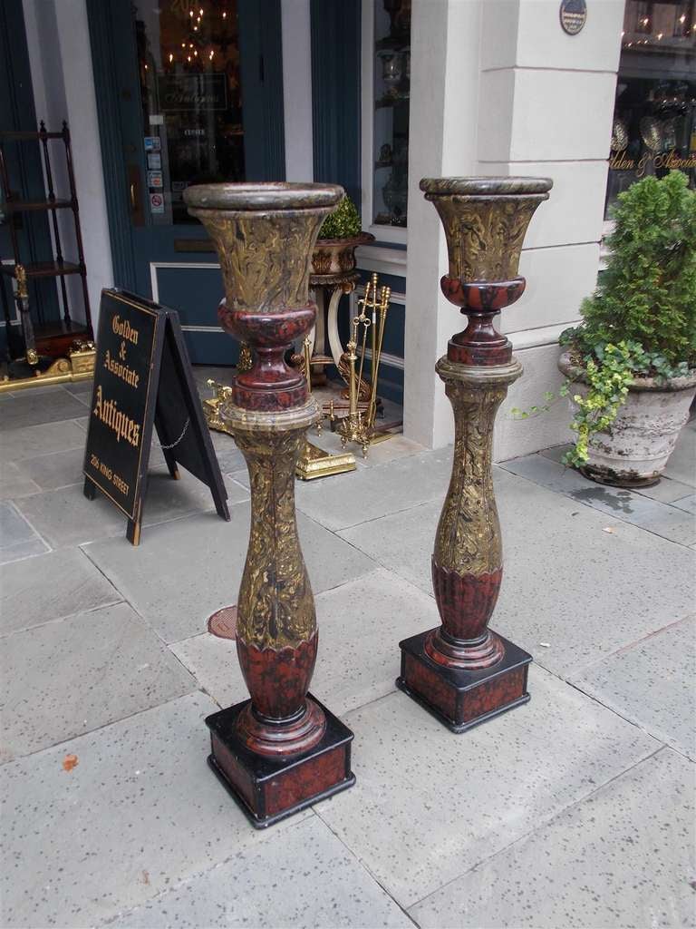 George III Pair of English Faux Painted Campaign Urns on Bulbous Columns. 19th Century