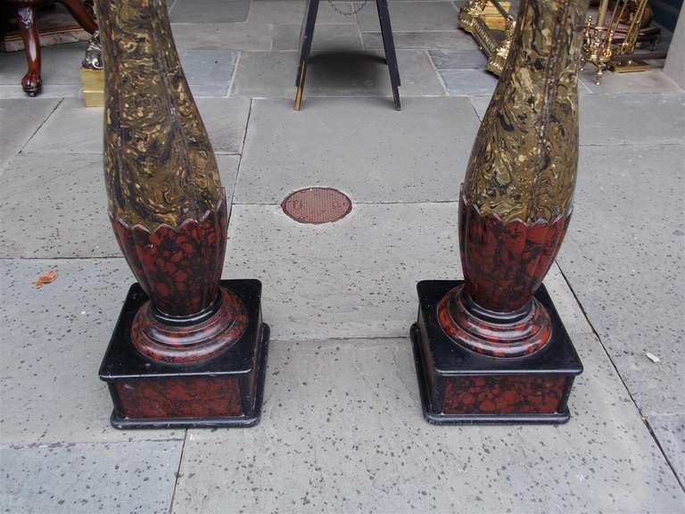 Slate Pair of English Faux Painted Campaign Urns on Bulbous Columns. 19th Century
