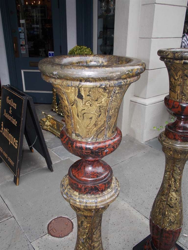 Pair of English Faux Painted Campaign Urns on Bulbous Columns. 19th Century 1
