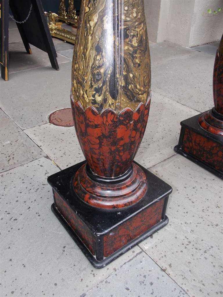 Pair of English Faux Painted Campaign Urns on Bulbous Columns. 19th Century 2