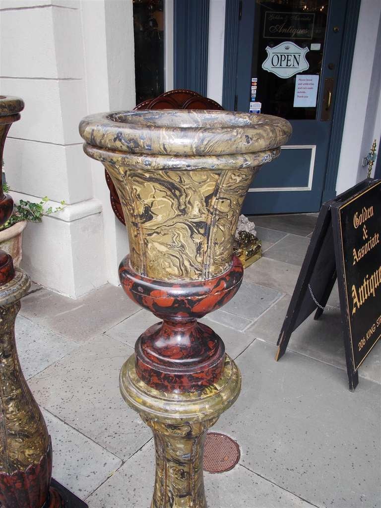Pair of English Faux Painted Campaign Urns on Bulbous Columns. 19th Century 3