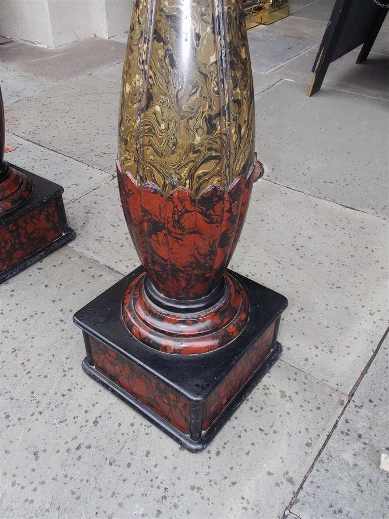 Pair of English Faux Painted Campaign Urns on Bulbous Columns. 19th Century 4