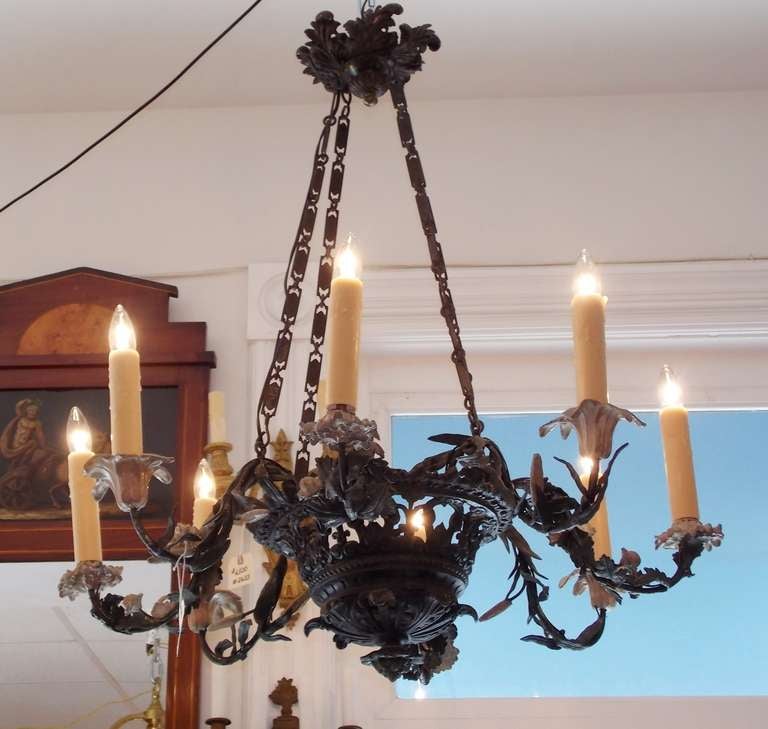 French Lead Hand Painted Floral Chandelier In Excellent Condition For Sale In Hollywood, SC