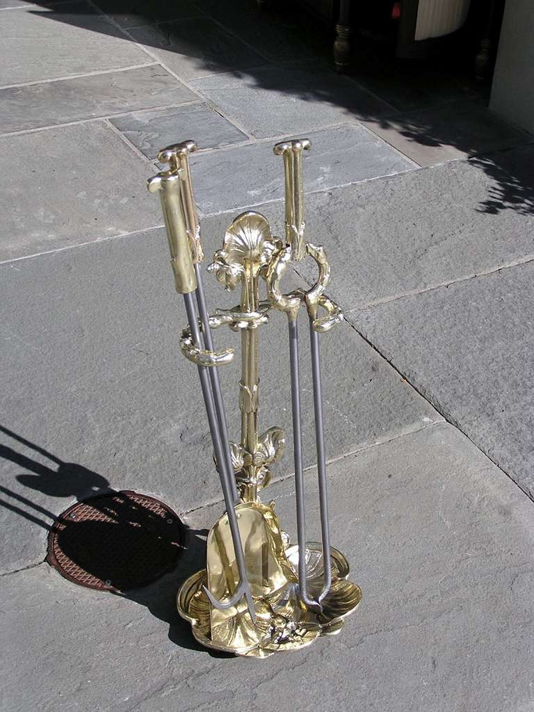 French Three Piece Brass and Polished Steel Fire Tools on Stand In Excellent Condition In Hollywood, SC