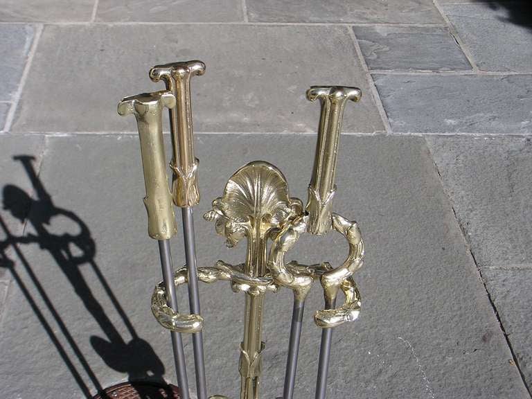 French Three Piece Brass and Polished Steel Fire Tools on Stand 1