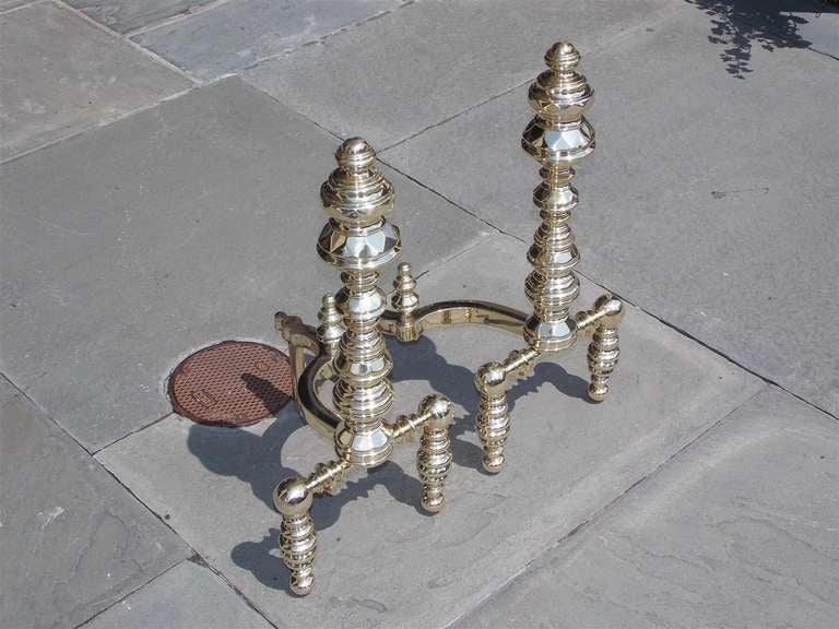 Pair of American Brass Andirons Signed E. Smylie  ( New York ) In Excellent Condition For Sale In Hollywood, SC