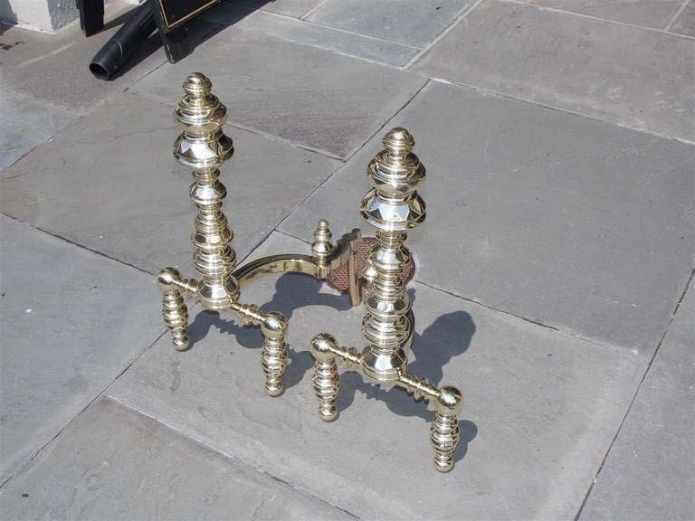 19th Century Pair of American Brass Andirons Signed E. Smylie  ( New York ) For Sale