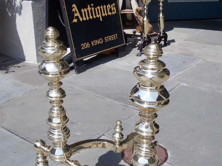 Pair of American Brass Andirons Signed E. Smylie  ( New York ) For Sale 1