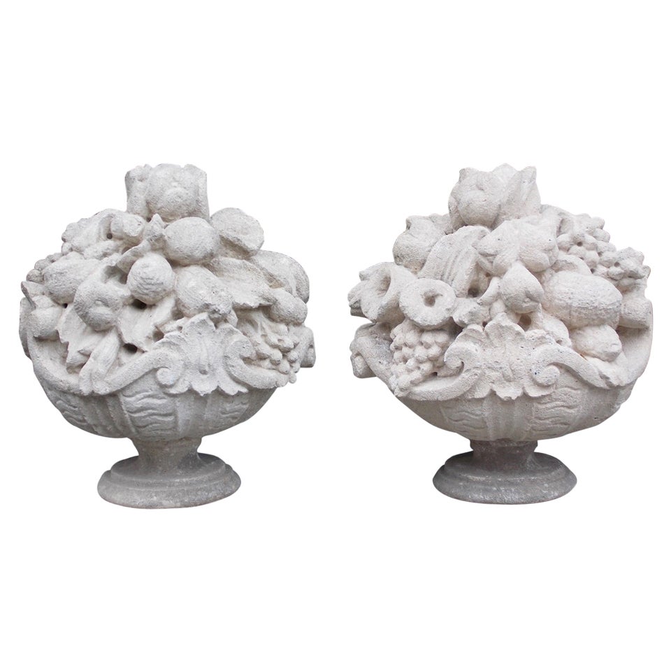 Pair of Italian Hand Carved Sandstone Fruit Baskets on Plinths. Circa 1830
