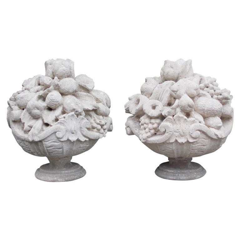 Pair of Italian Hand Carved Sandstone Fruit Baskets on Plinths. Circa ...