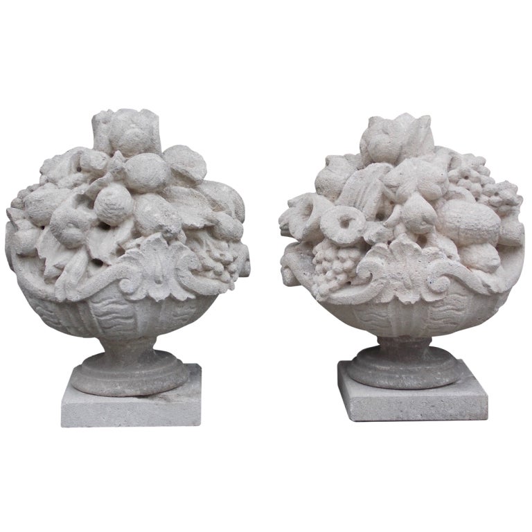 Pair of Italian Carved Sandstone Fruit Baskets For Sale at 1stdibs