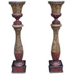 Pair of English Faux Painted Campaign Urns on Bulbous Columns. 19th Century
