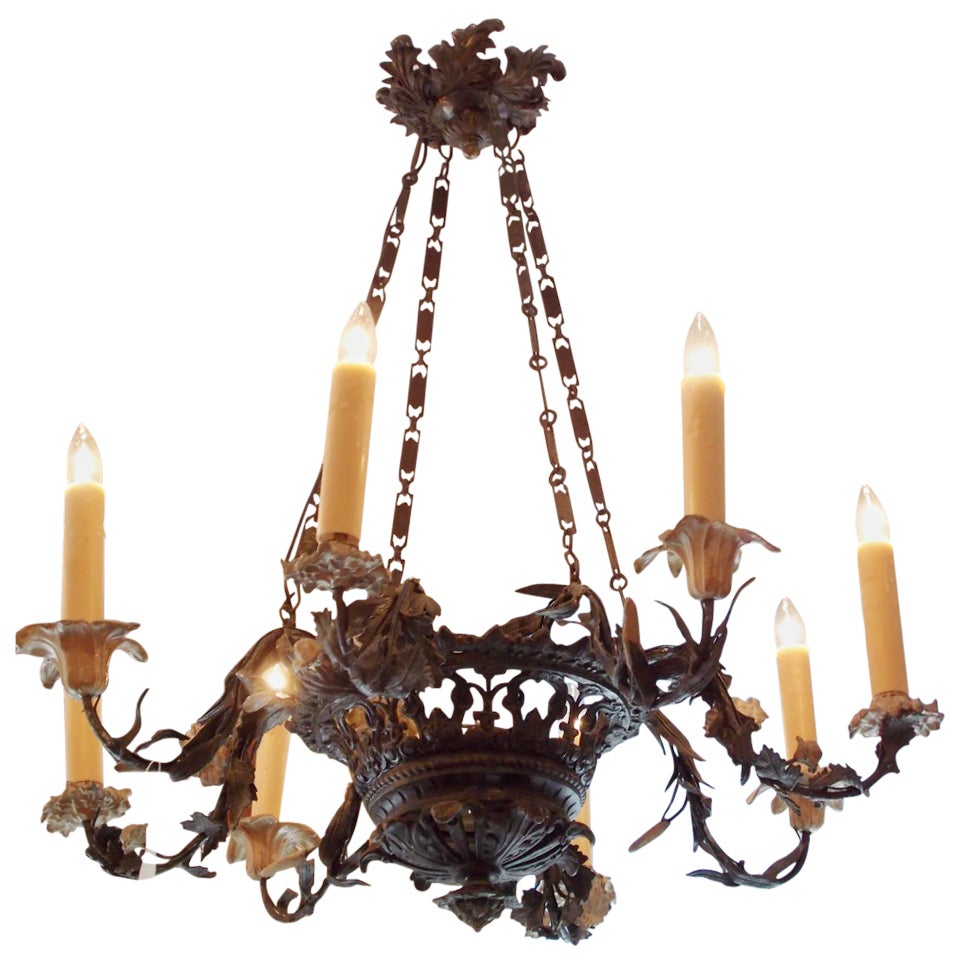 French Lead Hand Painted Floral Chandelier For Sale