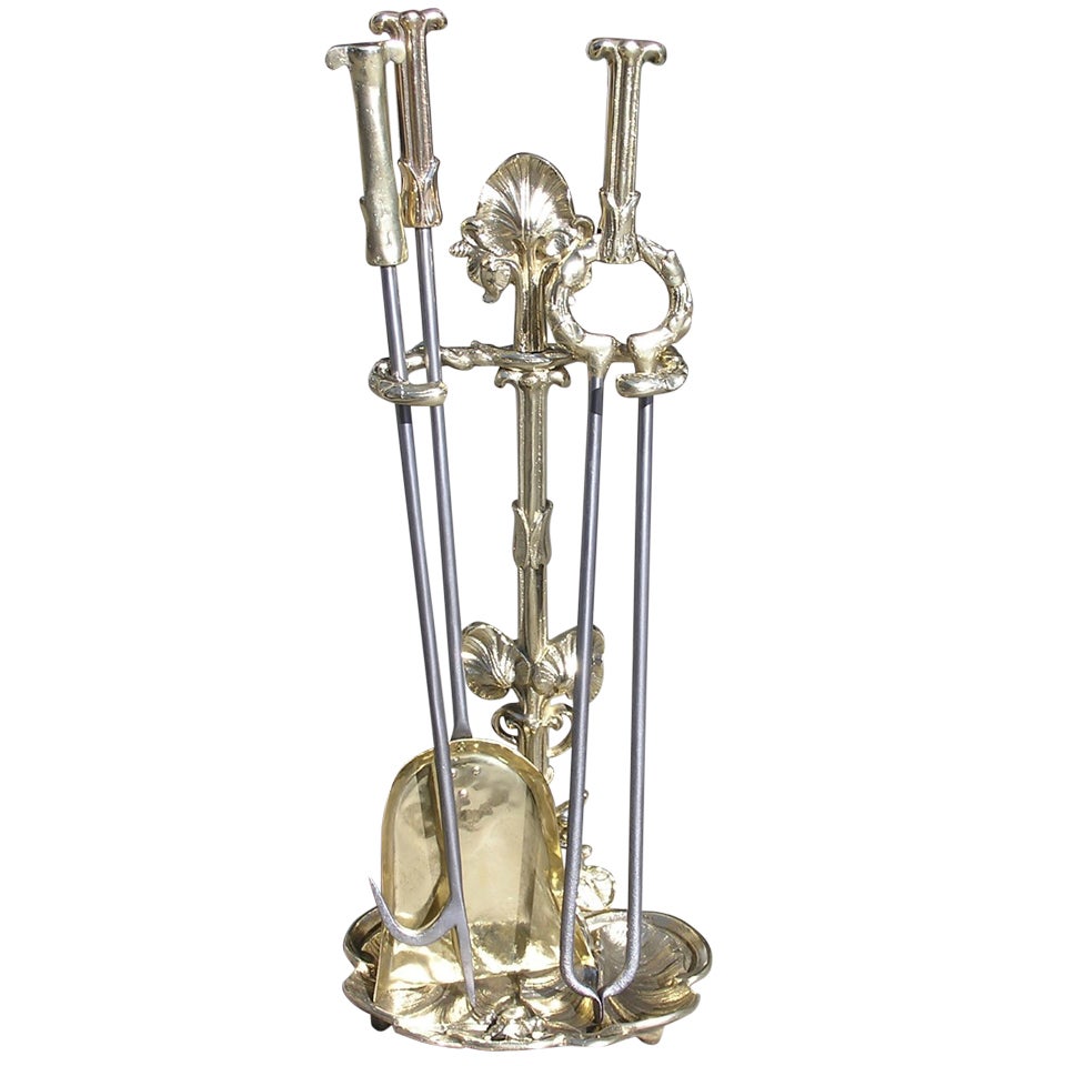 French Three Piece Brass and Polished Steel Fire Tools on Stand