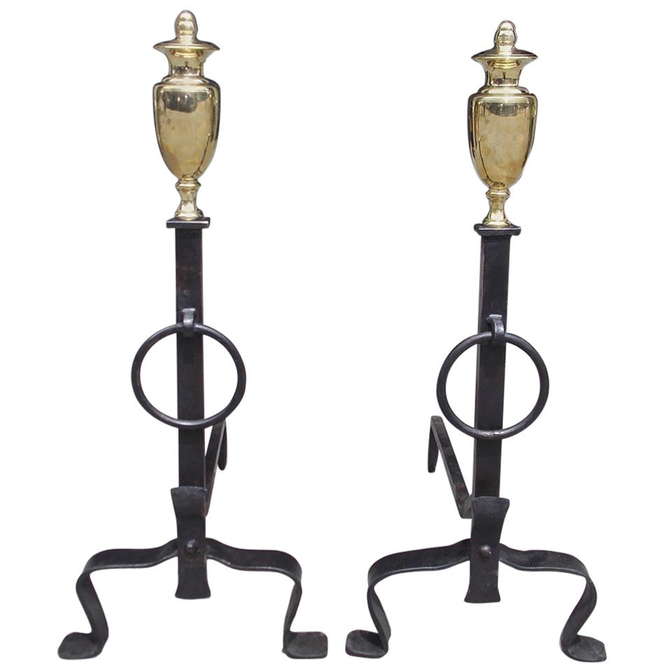 Pair of American Brass Urn Finial & Wrought Iron Andirons with Penny Feet C 1800 For Sale