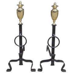 Pair of American Brass Urn Finial & Wrought Iron Andirons with Penny Feet C 1800