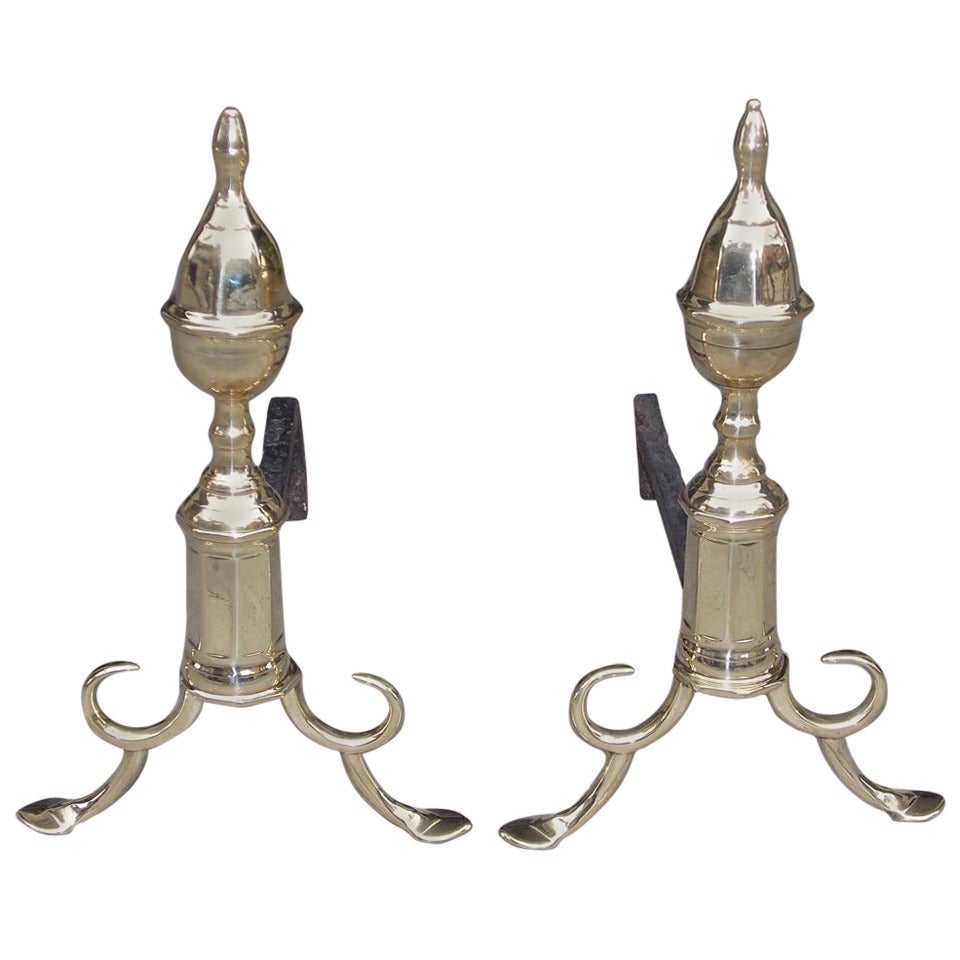 Pair of American Brass Acorn Andirons. Philadelphia,  Circa 1800