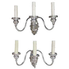 Pair of American Three Arm Silver Plated Sconces, Circa 1870 12