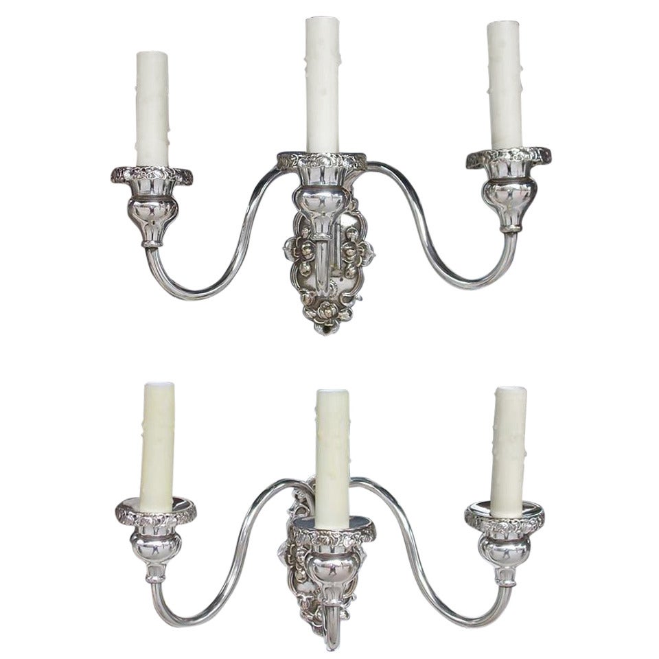 Pair of American Three Arm Silver Plated Sconces, Circa 1870 For Sale