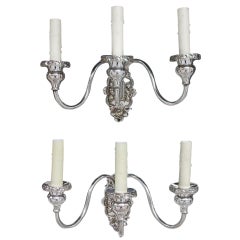 Pair of American Three Arm Silver Plated Sconces, Circa 1870