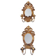 Antique Pair of Italian Neoclassical Girandole Gilt Foliage Mirrored Wall Sconces C 1800
