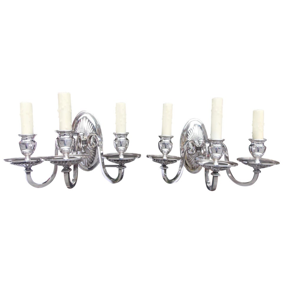 Pair of American Silver Plated Three Arm Sconces.  Circa 1870 For Sale