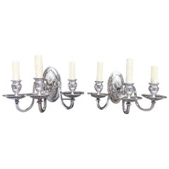 Antique Pair of American Silver Plated Three Arm Sconces.  Circa 1870