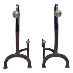 Pair of American Goose Neck Wrought Iron and Bronze Andirons. Circa 1850