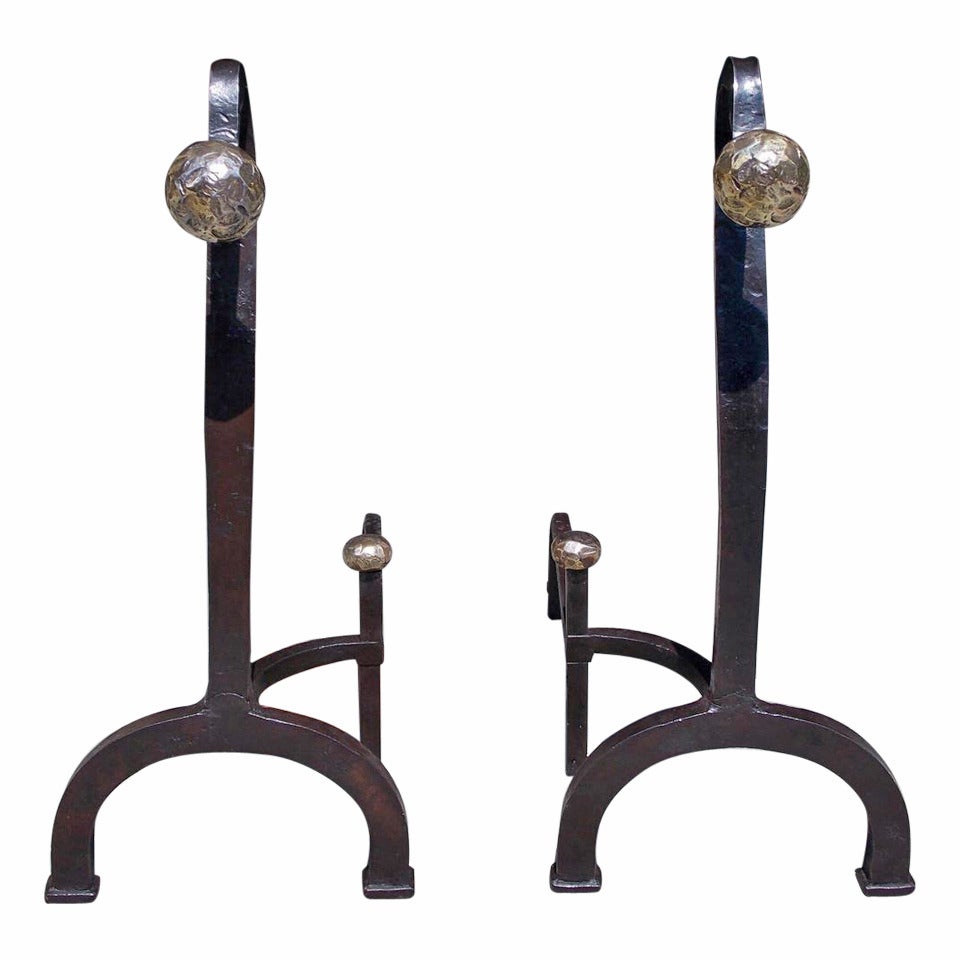 Pair of American Goose Neck Wrought Iron and Bronze Andirons. Circa 1850