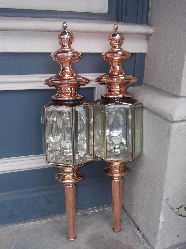 Pair of American Copper Coach Lanterns, Signed, Circa 1850 In Excellent Condition In Hollywood, SC