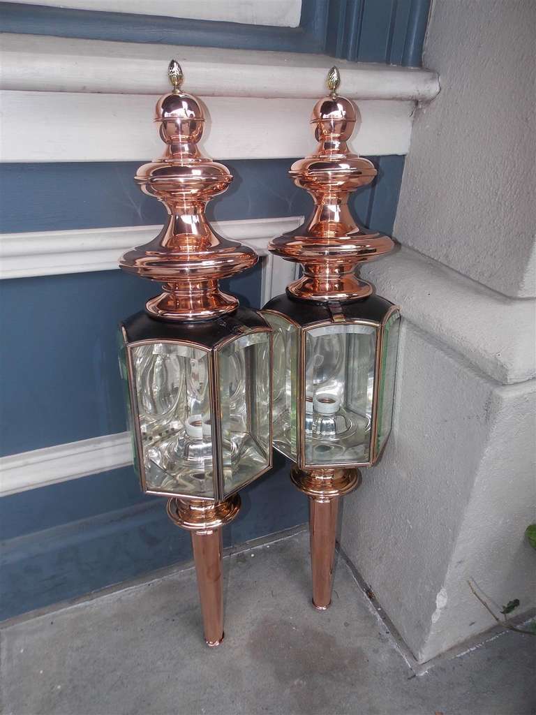 19th Century Pair of American Copper Coach Lanterns, Signed, Circa 1850