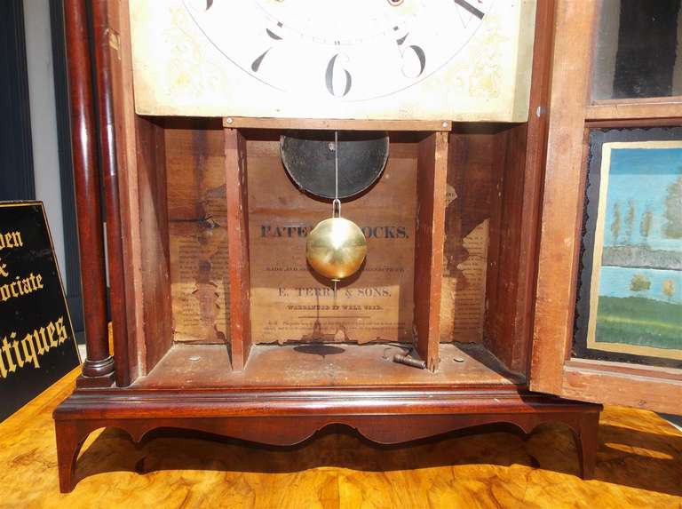 19th Century American Mahogany Pillar and Scroll Mantel Clock by Eli Terry, Circa 1820 For Sale