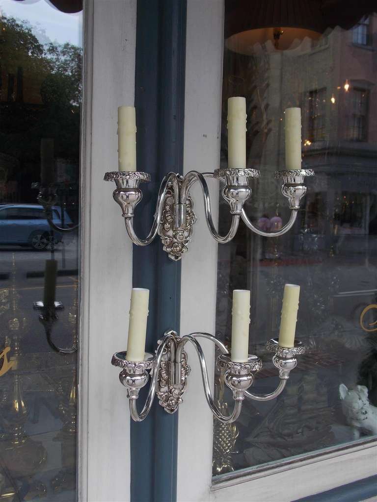 Pair of American Three Arm Silver Plated Sconces, Circa 1870 In Excellent Condition For Sale In Hollywood, SC