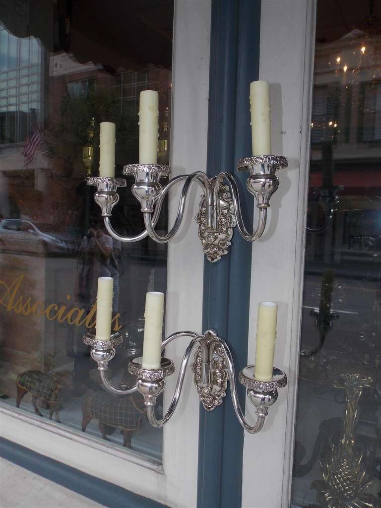 19th Century Pair of American Three Arm Silver Plated Sconces, Circa 1870 For Sale