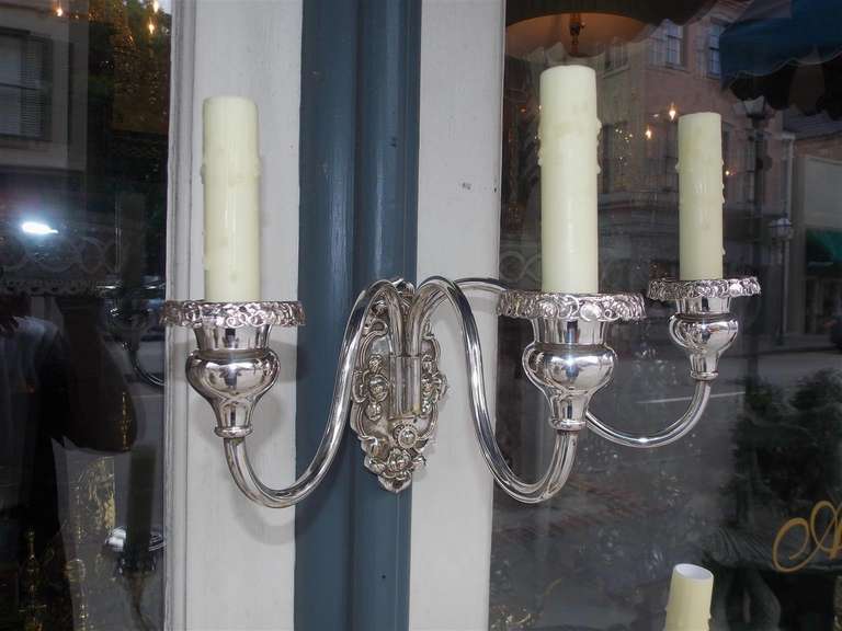 Pair of American Three Arm Silver Plated Sconces, Circa 1870 For Sale 1