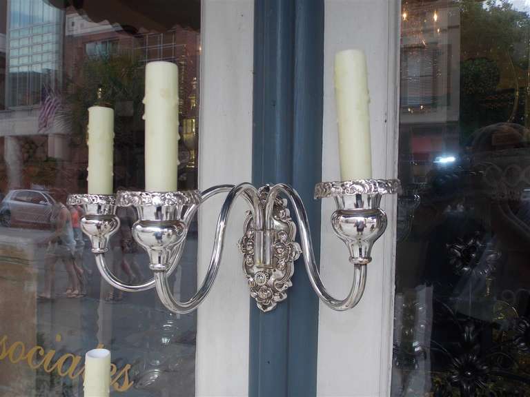 Pair of American Three Arm Silver Plated Sconces, Circa 1870 For Sale 2