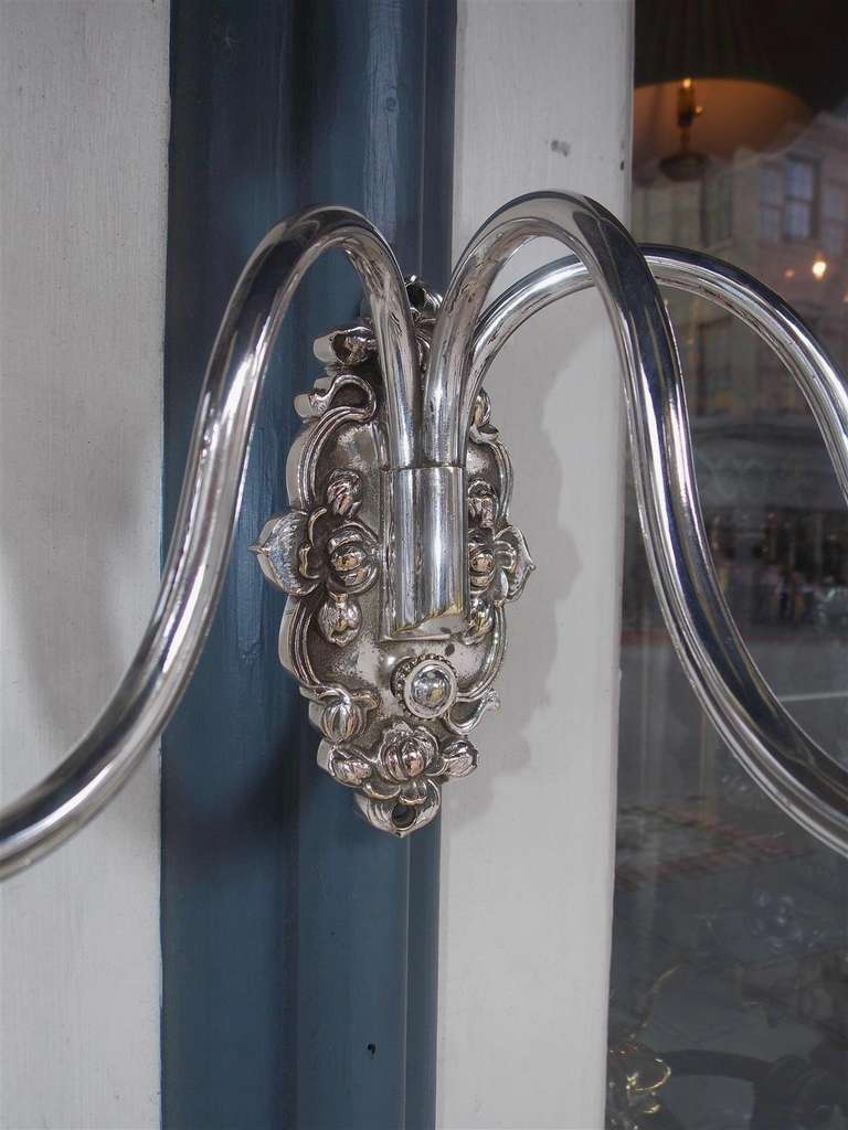 Pair of American Three Arm Silver Plated Sconces, Circa 1870 For Sale 3