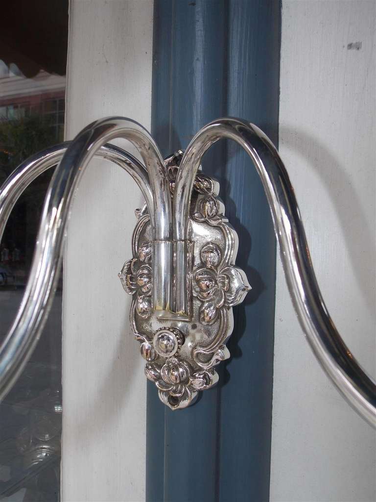 Pair of American Three Arm Silver Plated Sconces, Circa 1870 For Sale 4