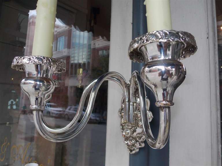 Pair of American Three Arm Silver Plated Sconces, Circa 1870 For Sale 5