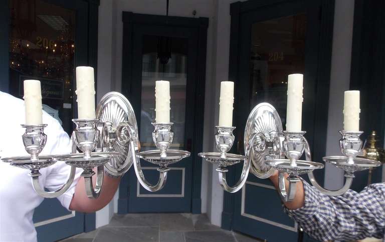 Pair of American three arm silver plated sconces with cast oval shaped ribbed back plates and bobeches. Originally candle powered and have been electrified. Late 19th Century.