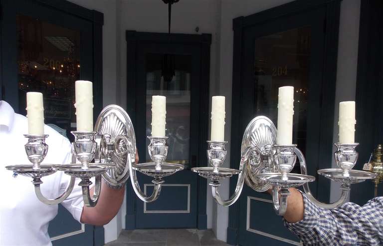 Pair of American Silver Plated Three Arm Sconces.  Circa 1870 In Excellent Condition For Sale In Hollywood, SC