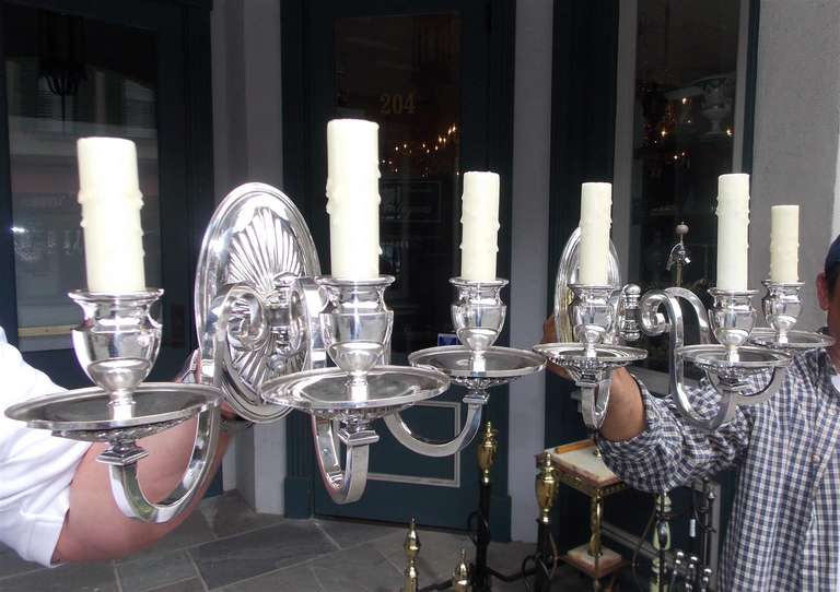 19th Century Pair of American Silver Plated Three Arm Sconces.  Circa 1870 For Sale