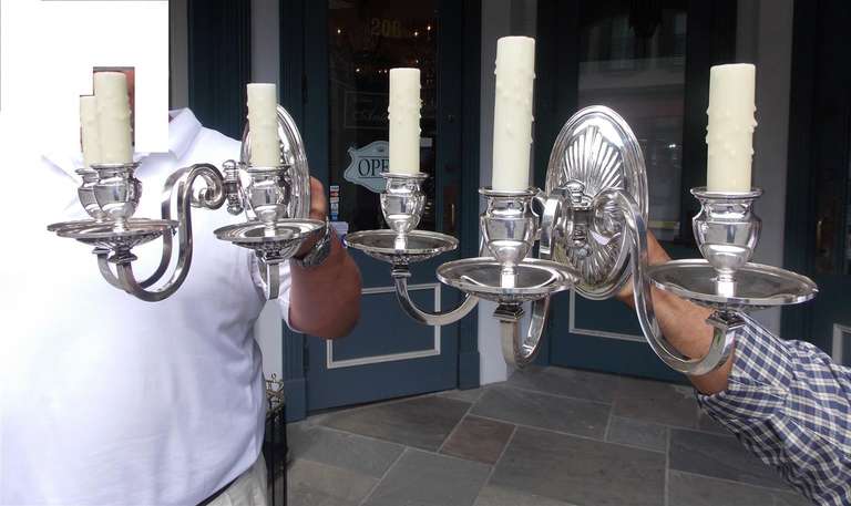 Pair of American Silver Plated Three Arm Sconces.  Circa 1870 For Sale 1