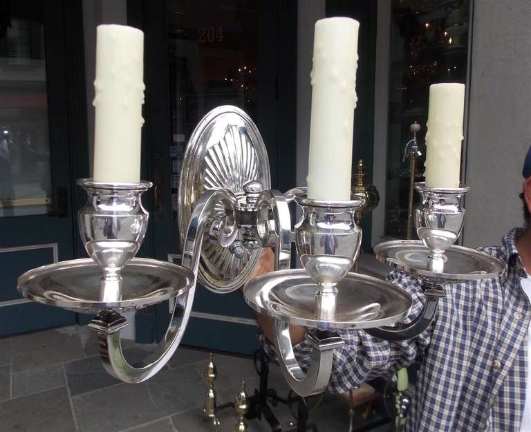Pair of American Silver Plated Three Arm Sconces.  Circa 1870 For Sale 2