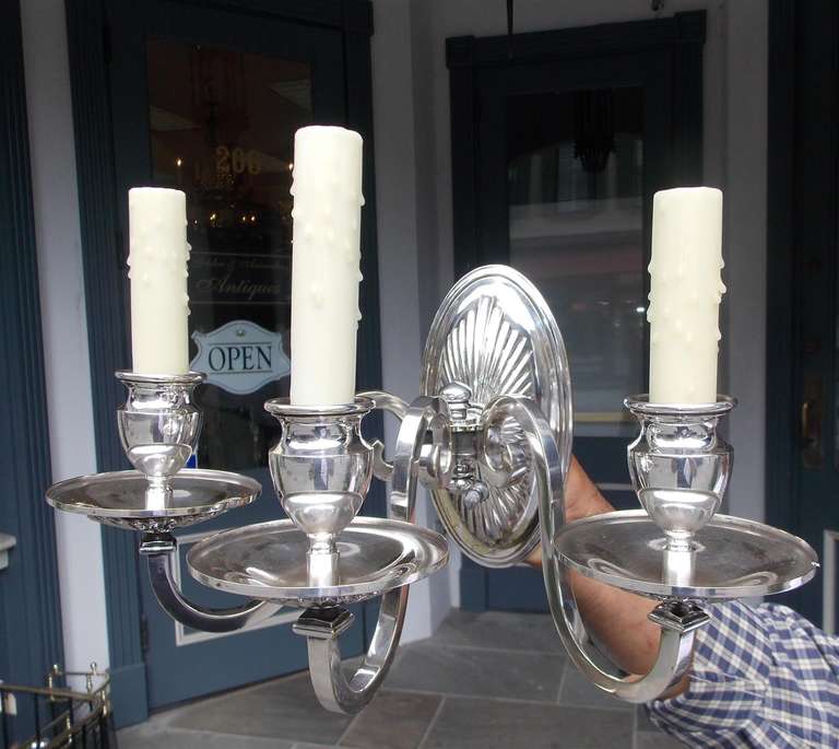 Pair of American Silver Plated Three Arm Sconces.  Circa 1870 For Sale 3