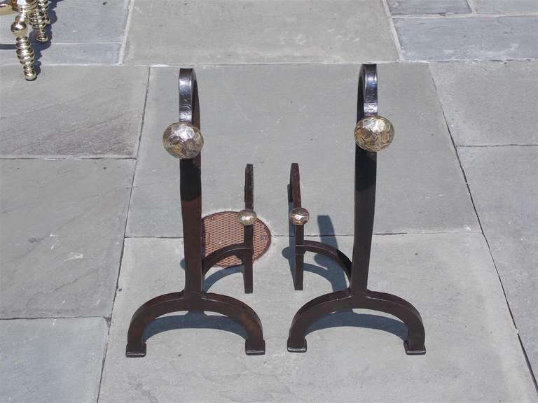 Pair of American Goose Neck Wrought Iron and Bronze Andirons. Circa 1850 In Excellent Condition In Hollywood, SC